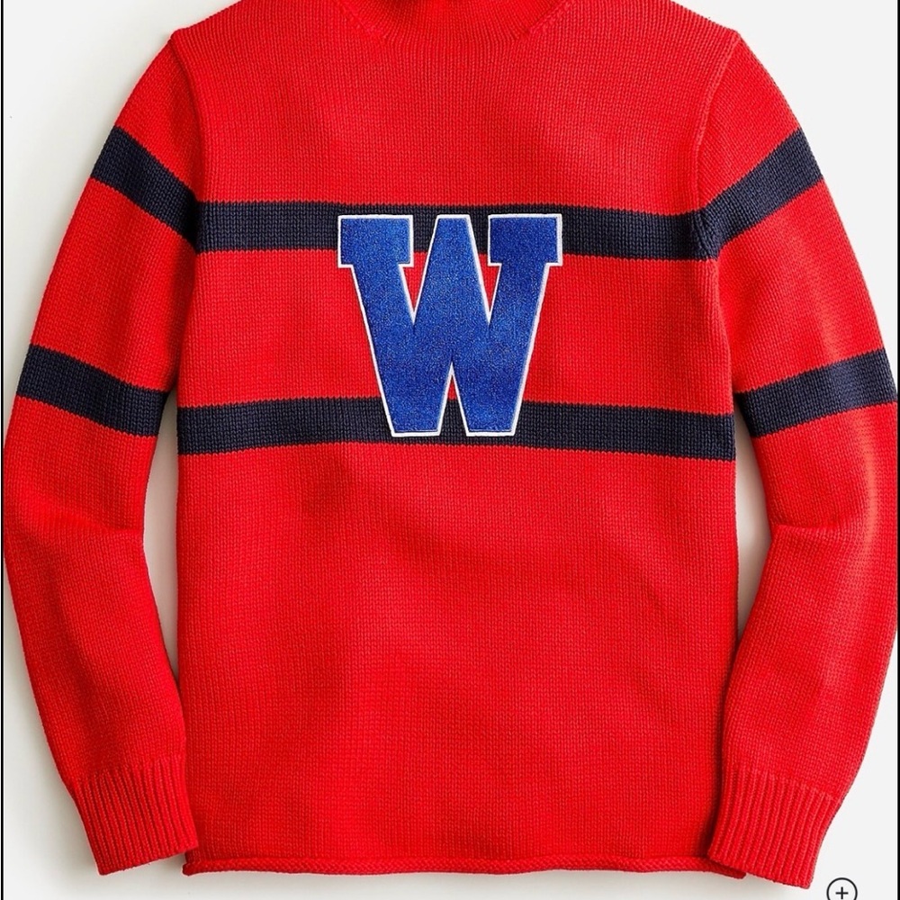 J. Crew Red Crewneck Sweater with Navy Stripes and Blue 'W' Patch
